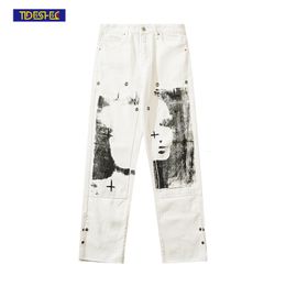 Men's Pants Punk Cargo Jeans Oversized Face Painting Print Trousers Loose Couple Men Women Streetwear White 230317