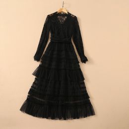 Spring V Neck Lace Panelled Dress Black Long Sleeve Solid Color Mid-Calf Rhinestone Dresses 22G210040 Plus Size XXL