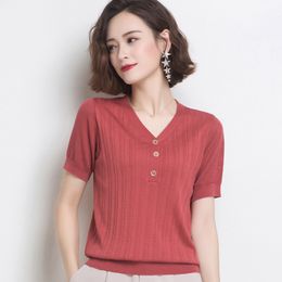 Women's T-Shirt Fashion Ice Silk Hollow Out Knitted T-Shirt Fashion V-Neck Button Short Knitwear Tee Womens Krean Style Short Sleeve Pullovers 230317