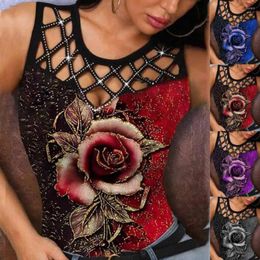 Women's Tanks Sexy Women Vest Tops 3D Rose Print Hollow Out O Neck Summer Female Top Sleeveless Office Lady Camisole