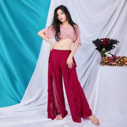 Stage Wear Impact Colours Belly Dance Training Clothing Stretch Tie Top Wide Leg Pants Set For Class Bellydance Costume 2pcs