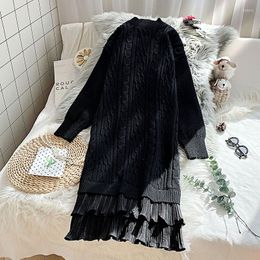 Casual Dresses Ruffles Patchwork Knitted Women Sweater Solid Black Winter Long-Sleeved Straight Lady Elegant Top Quality