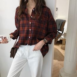 Women's Blouses Shirts Retro Plaid Single-breasted Chic Shirt Tops Full Sleeve Turn-down Collar Long Summer Blouse Women Plus Size Loose Casual Blusas 230317