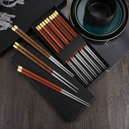 5 Pairs Stainless Steel Japanese Reusable Chopsticks Natural Wood Chopsticks Chinese Set Gift Pack Hashi Sushi Food Sticks