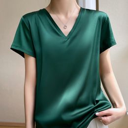 Women's T-Shirt Silk short-sleeved T-shirt women's summer solid Colour V-neck top knitted bottoming shirt 230317