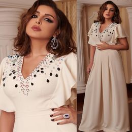 2023 Arabic Aso Ebi Ivory Jumpsuits Prom Dresses Beaded Crystals Sexy Evening Formal Party Second Reception Birthday Engagement Bridesmaid Gowns Dress ZJ2225