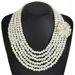 Choker Multilayer Imitation Pearl Necklace Luxury Rhinestones Flower Collar Bridal Wedding African Beads Jewellery For Women 2023