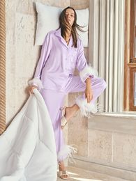 Womens Sleepwear Solid Color Robe With Feathers Single Breasted Turn Down Collar Women Sleeping Clothes Set Satin Pajamas Sets 230317