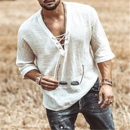 Men's Polos Fashion Hippie Linen Shirt Casual Middle Sleeve V Neck Summer Beach Loose Tee Tops Solid Color T shirts 230317