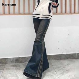 Women's Jeans Karrram Grunge High Waist Flare Jeans Vintage Striped Denim Pants Y2k Harajuku Bell Bottom Jeans 2000s Skinny Mopping Jeans 90s L230316