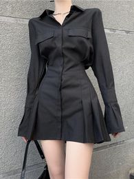Casual Dresses QWEEK Korean Wrap Black Shirt Dress Women Harajuku Kpop Long Sleeve Mini Short 2023 Autumn Polo Collar Streetwear