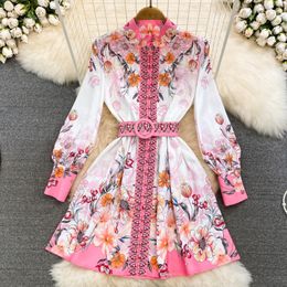 Casual Dresses Spring Summer 2023 Vintage Long Lantern Sleeve Stand Collar Single Breasted Print A-line Large Hem Dress With Belt DF486