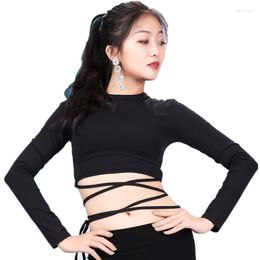 Stage Wear Women Dance Accessories Long Sleeves Elastic Spandex High Neck Belly Tops With Criss-Cross Strap Girls Training Class