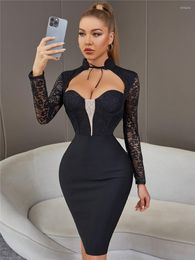 Casual Dresses Sexy Lace Elegant Bandage Dress Long Sleeve Strapless Black Knitted Bodycon Women Outfits Celebrity Evening Party Winter