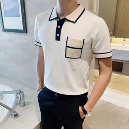 Men's Polos Summer Men's Short sleeve POLO shirt With contrasting colours Pocket English slim lapel ice knit polo shirt men S-3XL 230317