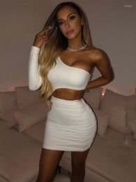 Casual Dresses Avrilyaan One Shoulder White Sexy Dress Women Pleated Hollow Out Bodycon Mini Autumn Elegant Club Party Vestidos