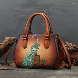 Evening Bags Tide Large Capacity Hand Draw Peacock Head Layer Cowhide Women Handbag Printing Genuine Leather Fashion Retro Shoulder Bag