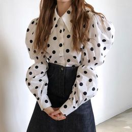 Women's Blouses Vintage Polka Dot Women Tops And Chemise Femme Sweet Elegant Puff Long Sleeve Single-breasted White OL Shirt Clothes