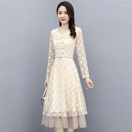 Casual Dresses Elegant V-Neck Women Lace Dress Sweet Hollow Out Long Sleeve Mid-Calf 2023 Spring High Waist Party Vestidos