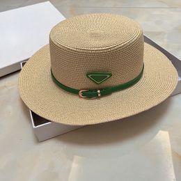 Wide Brim Straw Bucket Caps Hats Fedoras for Mens Womens Fashion Designer Sun Protection Spring Summer Beach Vacation Getaway Flat Top Headwear with Green Band Beige