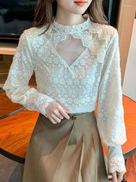 Women's Blouses Stand Collar Embroidery Fashion Lace Blouse Elegant Women Hollow Out Shirt Spring Autumn Long Sleeve Tops 23051
