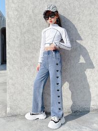 Jeans Big Size Love Heart Printing Girls Autumn Fashion Straight Style Wide Leg Pants For Kids 3-12 Years Children Clothing