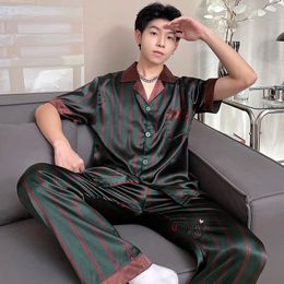 Men's Sleepwear Silk Men Large Size Pyjamas Short Sleeve Men Sleepwear Home Clothes Satin Trousers Stripe Daddy Pajama Set Big Size 4XL 7XL 230317