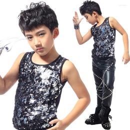 Stage Wear Boys Jazz Costumes Sequined Vest Top Sequin Outfit Kid Hip Hop Children Dancing Show Street Dance Clothing DNV10055