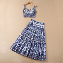 Summer Spaghetti Strap Two Piece Skirt Sweetheart Neck Blue Paisley Blue and White Porcelain Cotton Camisole & High Waist Ankle-Length Suits 2 Pieces Set 22Q15Set