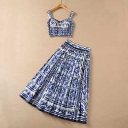 Summer Spaghetti Strap Two Piece Skirt Sweetheart Neck Blue Paisley Print Cotton Camisole Top & High Waist Ankle-Length Suits 2 Pieces Set 22Q15Set