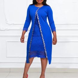Casual Dresses Tsxt 2023 African Style Women Solid Color Lace Irregular Skinny Dress Sexy Lady O-neck Full Sleeve Bodycon Knee-length