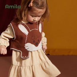 Clothing Sets Amila Baby Girl Dress Two Pieces Sets Spring Cute Rabbit Cartoon Knit Vest Suit Academic Casual Kids Clothing 230317