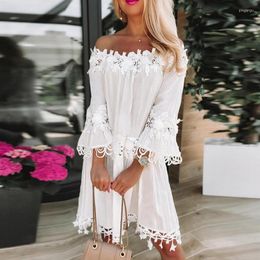 Casual Dresses Women Elegant One Line Collar Flared Sleeve Mini Dress Summer Fashion White Embroidery Tassel Backless Loose