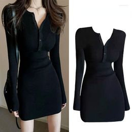 Casual Dresses Ribbed Women Solid Black Long Sleeve Mini Dress V Neck Bodycon Sexy Streetwear Party Club 2023 Spring And Autumn Q297