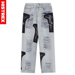 Men's Pants HISTREX Ripped Jeans Men 100% Cotton Straight Trousers Jesus Patch Denim Trashy Y2k Fashion Hip Hop Streetwear 230317