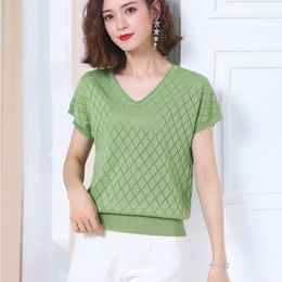 Women's T-Shirt Green Bright Silk Thin T Shirt Women Summer Knitted Tops Female Casual Loose Tshirts Short Sleeve T-Shirt Tee Shirt Femme 230317