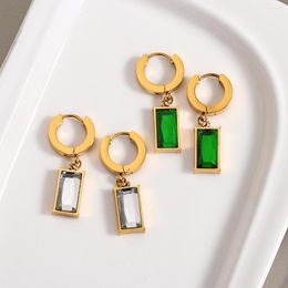 Hoop Earrings AENSOA Vintage Green Crystal Geometric Stainless Steel Exquisite 18K Gold Plated Rhinestone Pendant