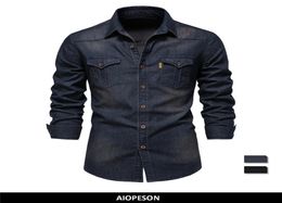 Эластичная хлопковая джинсовая рубашка эластичная хлопчатобумажная рубашка для мужчин для мужчин. Случайная подгонка Mens Mens Designer Clothing4263390