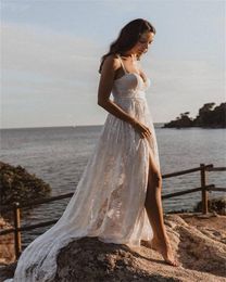 Sexy Lace Beach Wedding Dress With Spaghetti Straps Civil Boho Sweep Train Bohemian Bridal Gowns White Garden Outdoor Bride vestidos de novia 2023 robe de mariee