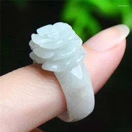 Cluster Rings Natural White Green Jadeite Emerald Rose Flower Ring Hand-Carced Chinese Charm Jewellery Gifts For Women