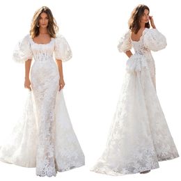 Gorgeous Mermaid Wedding Dresses Square Lantern Sleeve Extra Train Lace Flower Applicant Floor Length Zipper Custom Made Plus Size Vestidos De Novia