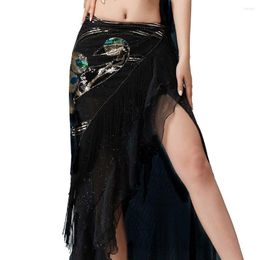 Stage Wear Women Belly Dance Clothes Black Mesh Base Long Fringes Sequins Belt Tribal Hip Scarf Peafowl Design Wrap Skirt