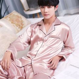 Men's Sleepwear Male Stain Silk Pajama Set Pyjamas Silk Sleepwear Men Smart Soft Pijama Suit Solid Color Satin Home Clothing Summer 230317