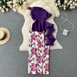Casual Dresses Amolapha Women 2023 Irregular Strapless Design Sense Lotus Edge Print Patchwork Hip Pack Maxi Dress