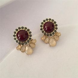 Stud Earrings Elegant Gold Colour Plating Beige Stone Black Around Dark Red Statement For Women Casual Vintage Jewellery