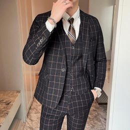 Men's Suits Plaid Business Luxury Wedding Man Men Suit Four Seasons Slim Office Fashion Jacket Handsome Vest Gorgeous Trousers