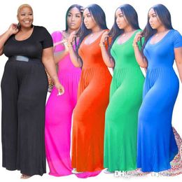 2023 Designer Women Jumpsuits Plus Size 4XL 5XL Solid Color Wide Leg Short Sleeve Bodysuit Fashion Casual Rompers