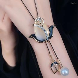 Pendant Necklaces Versatile Sweater Chain Temperament Opal Tulip Decoration Long Necklace Women's Autumn Winter Clothes Accessories