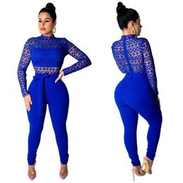 Women's Jumpsuits & Rompers Fashion Solid Full Sleeves Lace See Through With Belt Pants Club Women Bodycon Jumpsuit