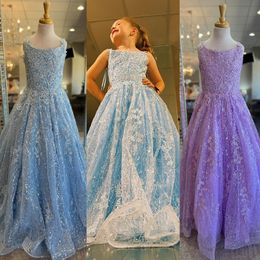 Glitter Lace Preteens Girl Pageant Dress 2023 Ball Gown Sequins Little Kid Birthday Formal Party Gowns Infant Toddler Teens Tiny Young Junior Miss Sky-Blue Lilac